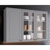 Armário de Cozinha Modulado Americana c/ 3 Portas (2 c/ Vidro) 120cm Cinza - Henn