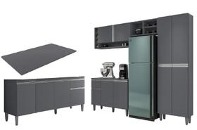 Armário de Cozinha Vanessa com Balcão Tati 150m com Tampo MDP Cinza - AJL Armário de Cozinha Vanessa com Balcão Tati 150m com Tampo MDP Cinza - AJL