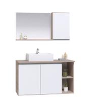 Armario gabinete banheiro 80cm + cuba soprepor + espelheira com puxador aluminio madeirado/branco