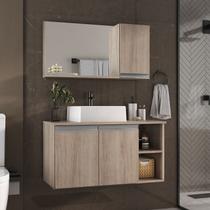 Armario gabinete banheiro 80cm + cuba soprepor + espelheira com puxador aluminio madeirado inteiro