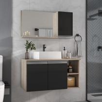 Armario gabinete banheiro 80cm + cuba soprepor + espelheira com puxador aluminio madeirado/preto