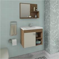 Armário Gabinete e Espelheira P/ Banheiro 1Pts 4 Prateleiras Lotus 55cm Amêndoa Off White MGM Móveis