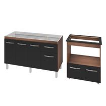 Armário Gabinete pia de 140 cm Camile com Balcão Cooktop 5 Bocas e Forno Elétrico Elisa Savana frente preta