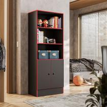 Armário Gamer Preto e Vermelho Com 2 Portas e 5 Prateleiras 4095 - Vallisa Decor