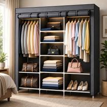 Armário Guarda Roupa Organizador Dobrável Desmontável Portátil de 3 colunas Cinza Suporta 30Kg