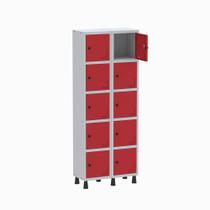 Armário Guarda Volume Locker Roupeiro 2 Vãos 10 Portas GR302/10 Light Cinza e Vermelho - Pandin