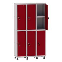 Armário Guarda Volume Locker Roupeiro 3 Vãos 06 Portas Com Prateleira GRF503PRI/6 Cinza e Vermelho - Pandin