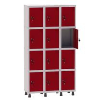 Armário Guarda Volume Locker Roupeiro 3 Vãos 12 Portas Aço GRF503/12 Cinza e Vermelho - Pandin