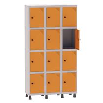 Armário Guarda Volume Locker Roupeiro 3 Vãos 12 Portas Aço GRP503/12 Cinza e Laranja Picasso - Pandin