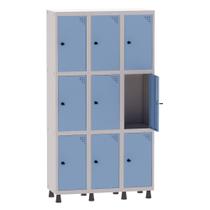 Armário Guarda Volume Locker Roupeiro 3 Vãos 9 Portas Aço GRP503/9 Cinza e Azul Dali - Pandin