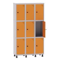 Armário Guarda Volume Locker Roupeiro 3 Vãos 9 Portas Aço GRP503/9 Cinza e Laranja Picasso - Pandin