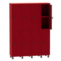 Armário Guarda Volume Locker Roupeiro 4 Vãos 08 Portas Com Prateleira GRF504PRI/8 Vermelho - Pandin