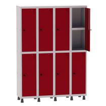 Armário Guarda Volume Locker Roupeiro 4 Vãos 08 Portas Com Prateleira GRP504PRI/8 Cinza e Vermelho - Pandin