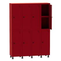 Armário Guarda Volume Locker Roupeiro 4 Vãos 08 Portas Com Prateleira GRP504PRI/8 Vermelho - Pandin