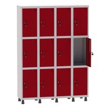 Armário Guarda Volume Locker Roupeiro 4 Vãos 12 Portas Aço GRF504/12 Cinza e Vermelho - Pandin