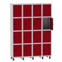 Armário Guarda Volume Locker Roupeiro 4 Vãos 16 Portas Aço GRP504/16 Cinza e Vermelho - Pandin