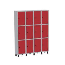 Armário Guarda Volume Locker Roupeiro de Aço 4 Vãos 12 Portas GR304/12 Light Cinza e Vermelho