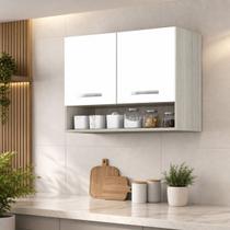 Armario Multiuso Aereo 2 Portas 80cm Montado Modulado MDF Cor:Amadeirado Cinza e Branco