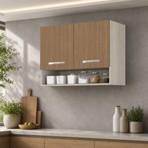 Armario Multiuso Aereo 2 Portas 80cm Montado Modulado MDF Cor:Amadeirado Cinza e Marrom