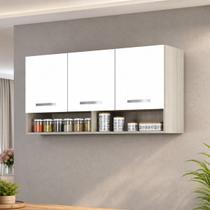 Armario Multiuso Aereo 3 Portas 120cm Montado Modulado MDF Cor:Amadeirado Cinza e Branco