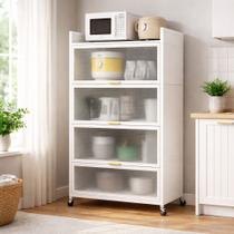 Armário Multiuso com Rodinhas 4 Prateleiras Porta Transparente para Casa Escritório Lavanderia ON-SM Armário Multiuso com Rodinhas 4 Prateleiras Porta Transparente para Casa Escritório Lavanderia ON-SM