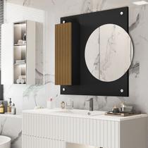 Armário Para Banheiro Com Espelho Redondo Mariana Decore Morfeu - Cor: Preto Com Ripado - Lojas GB