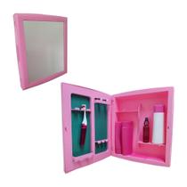 Armário Rosa De Banheiro com Espelho Pink - E parte interna - Mundo Rosa