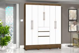 Armário / Roupeiro / Guarda roupas Casal Brunê 7 Portas + 2 Gavetas com Puxadores Cromados Cor Jequitiba / Off White