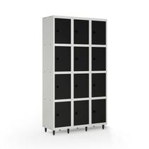 Armário Roupeiro Locker Guarda-Volume de Aço 12 Portas Pequenas com Fecho para Cadeado Vestiário Academia Preto/Cinza