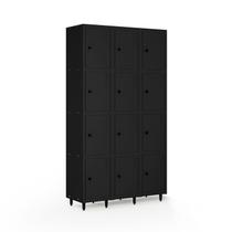 Armário Roupeiro Locker Guarda-Volume de Aço 12 Portas Pequenas com Fecho para Cadeado Vestiário Academia Preto