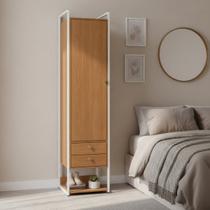 Armário Roupeiro Slim 48cm Cabideiro 2 Gavetas 1 Porta Canela/Branco Brilho
