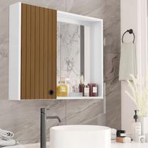 Armário Suspenso Espelho Para Banheiro Cadu Com Porta - Cor: Branco Com Ripado - Lojas G2