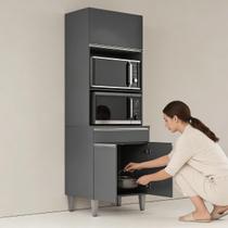 Armário Torre Quente Maia P/ Cozinha Modulada Forno Microondas 60cm Moderno Compacto 3 Portas 1 Gaveta Cor: Cinza Fosco