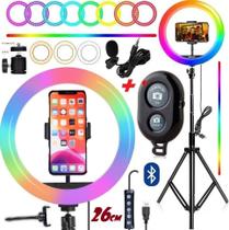 Aro De Luz Anel Ring Light Iluminação Led Hinglight Rgb Colorido 26cm + Suporte Celular Tripé 2 mts Microfone Make Fotos