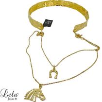 Aro martelado com corrente dupla com pingente ferradura e cavalo em bijuteria