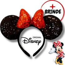 Arquinho Minnie Tiara Preta com laço vermelho Disney Original Paetê Brilhante Brilho