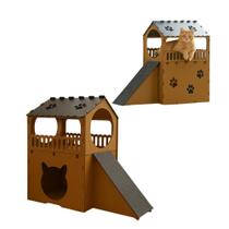 Arranhador Toca Casinha para Gatos Rampa Antiestresse Playground Casa de Gato 2 Andares Mdf Caramelo