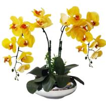 Arranjo 2 Orquídeas Amarelas Artificiais Flores Vaso Prata Arranjo 2 Orquídeas Amarelas Artificiais Flores Vaso Prata