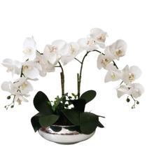 Arranjo 2 Orquídeas Brancas 3D Artificiais Flores Vaso Prata Arranjo 2 Orquídeas Brancas 3D Artificiais Flores Vaso Prata
