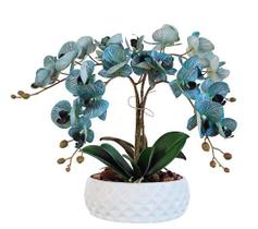 Arranjo 4 Orquídeas Azul Artificial Vaso Cerâmica Branco