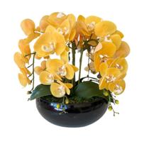 Arranjo 6 Flores Orquídeas Artificial Amarelas Vaso Preto Arranjo 6 Flores Orquídeas Artificial Amarelas Vaso Preto