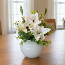 Arranjo Centro de Mesa Lírio Branco Completo Artificial Vaso Branco