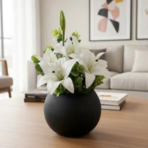 Arranjo Centro de Mesa Lírio Branco Completo Artificial Vaso Preto
