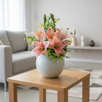 Arranjo Centro de Mesa Lírio Rosa Completo Artificial Vaso Branco