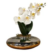 Arranjo Centro de Mesa Orquídea Branca Artificial Vaso Espelhado