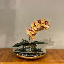 Arranjo Centro de Mesa Orquídea Tigre Rosa Artificial Vaso Espelhado