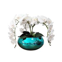 Arranjo Com 4 Orquídeas Brancas No Vaso Espelhado Azul