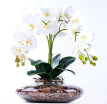 Arranjo Com 4 Orquídeas Brancas Silicone 3D - Toque Real Em Terrário