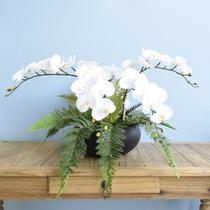 Arranjo com Seis Orquídeas Brancas e Samambaia no Vaso Preto Formosinha