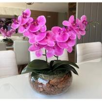Arranjo Completo Orquídeas Rosa Pink Artificiais Toque Real 3D Vaso de Vidro Terrario